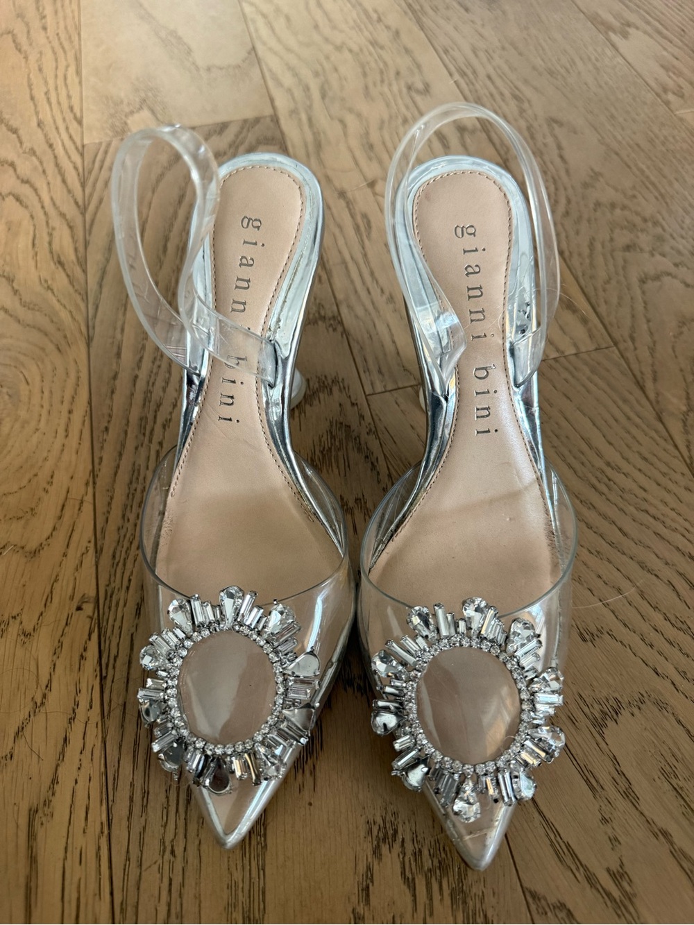 Gianni Bini Silver Crystal-Embellished Clear Slingback Heels